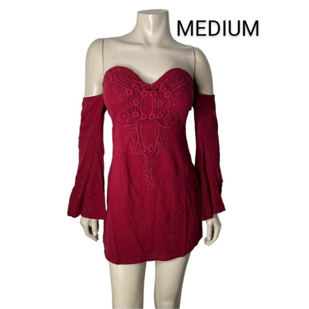 🆕Red Wine Off Shoulder Crochet Detailed Cut Out Sleeves Babydoll Dress~Size M